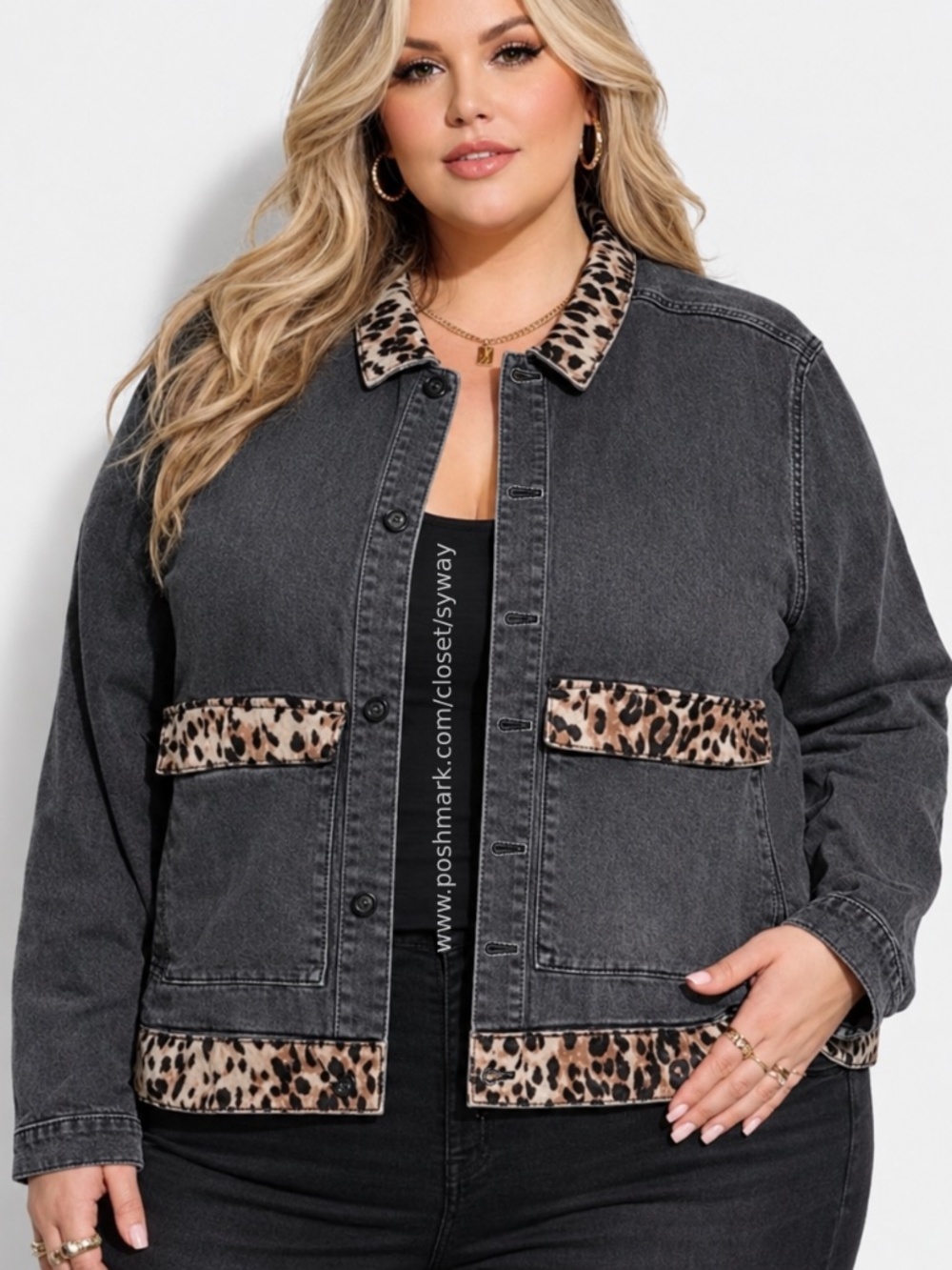 LuLaRoe Kenny Light Wash Denim Jacket Cheetah Trim